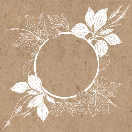 Floral background with plantain on kraft paper. Vector round frame with place for text. Greeting card, invitation or isolated elements for design.のイラスト素材