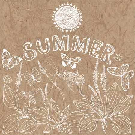 Summer background. Vector hand drawn illustration with plantain, insects, lettering and space for text on kraft paper. Invitation, greeting card or an element for your design.のイラスト素材