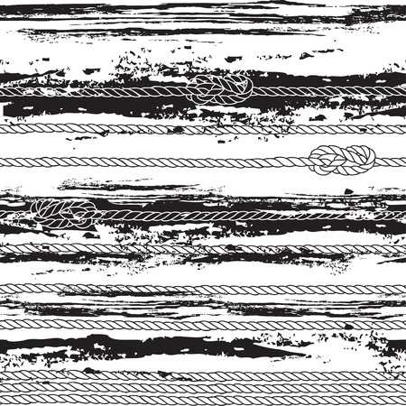 Seamless pattern with marine rope, knots and abstract waves. Black and white vector illustration.のイラスト素材