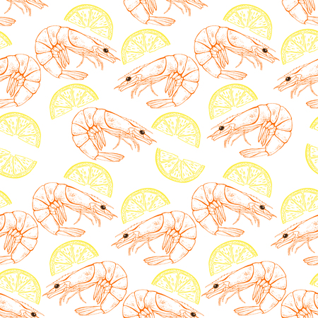 Shrimp and lemon slices. Seamless vector pattern on white background. Food illustration.のイラスト素材