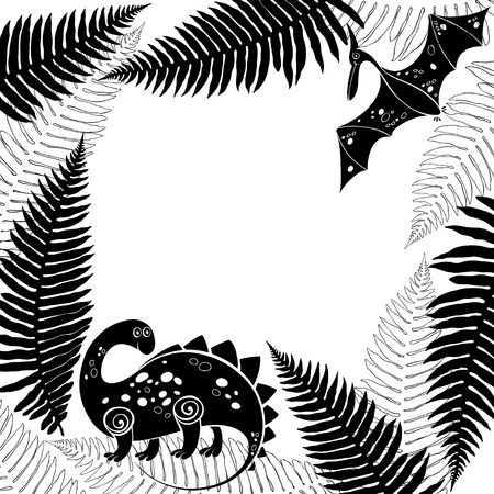Card with cartoon dinosaur, pterodactyl and ferns. Black and white vector illustration with space for text. It can be an invitation, a greeting card or an element of your design.のイラスト素材