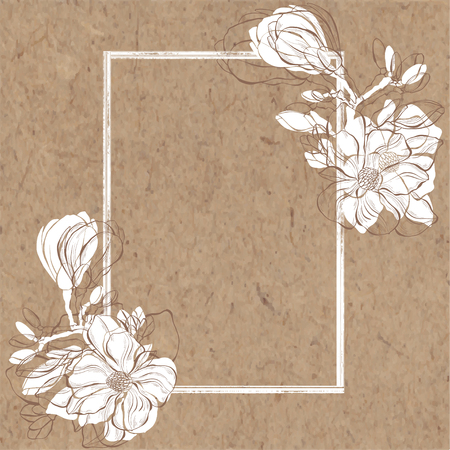 Floral background with magnolia and with a textured rectangular frame on kraft paper. Vector illustration. It can be an invitation, a greeting card or an element of your design.のイラスト素材