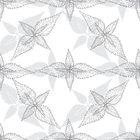Monochrome floral pattern with leaves of nettle on white background. Seamless background.のイラスト素材