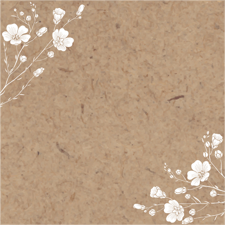 Hand-drawn vector background with flax flowers and space for text on kraft paper. Corner composition.のイラスト素材
