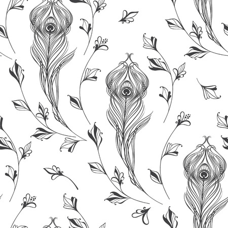 Seamless pattern with peacock feathers on a white background. Hand-drawn monochrome vector illustration.のイラスト素材