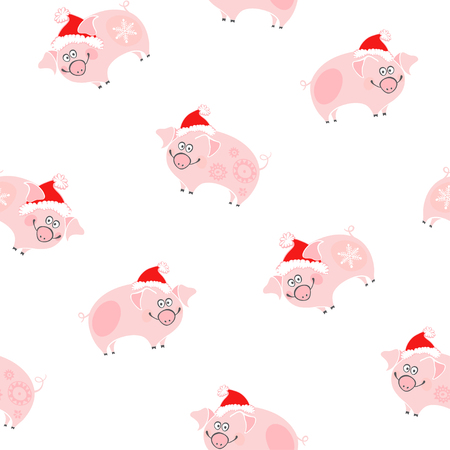 Santa hats. Piggy - animal symbol of new year 2019.のイラスト素材