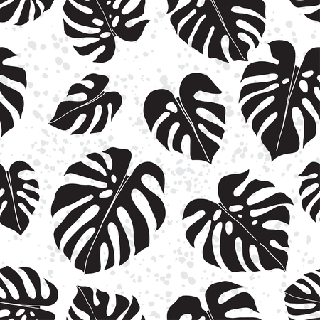 Seamless pattern with textural background. Vector monochrome illustration. Hand-drawn leaf silhouettes.のイラスト素材