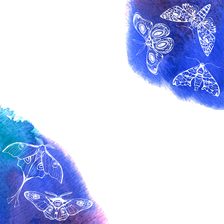 Background with night butterflies and blue watercolor elements. Vector illustration with space for text.のイラスト素材