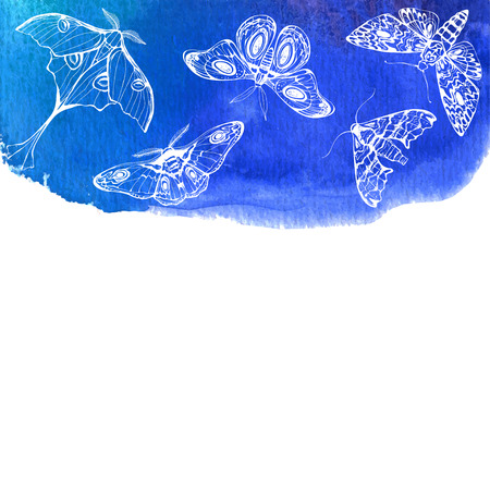 Background with night butterflies and blue watercolor elements. Vector illustration with space for text.のイラスト素材
