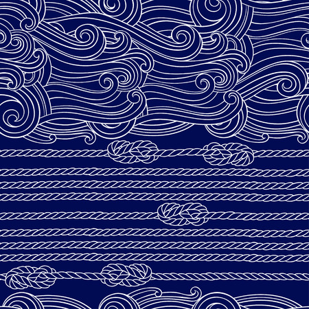 Vector  background with hand-drawn waves, marine ropes and knots.のイラスト素材