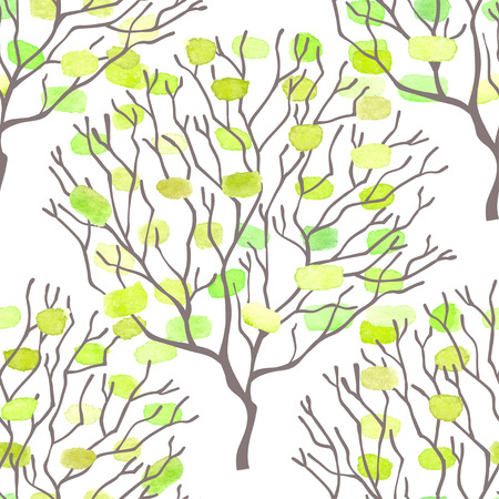 Vector background with trees and green watercolor stains. Spring.のイラスト素材