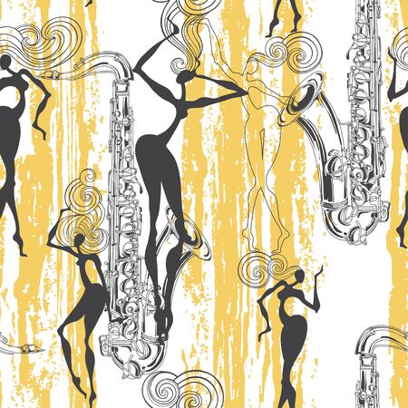 Silhouettes of dancing girls,saxophone on a texture background. Seamless vector background.のイラスト素材