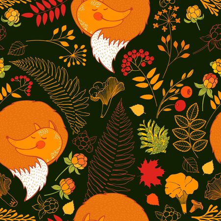 Autumn background with foxes. Vector.のイラスト素材