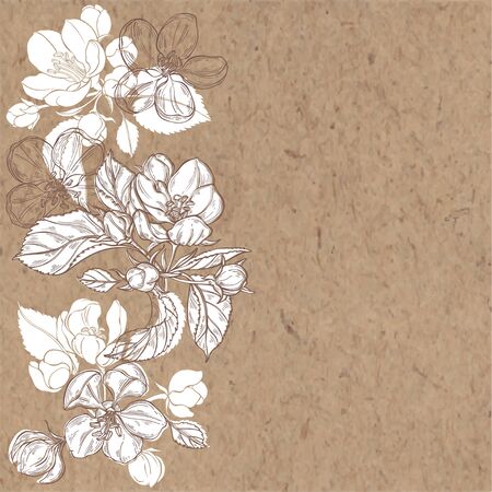 Flowering branches of apple trees on kraft paper. Vector. Nature background. Vertical composition.のイラスト素材