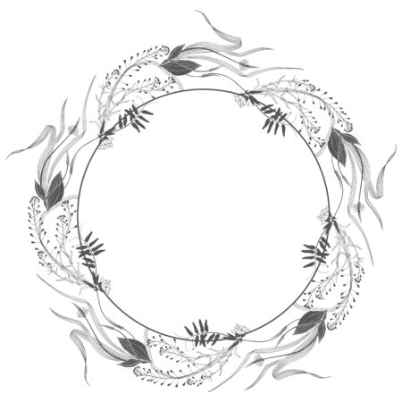 Vector illustration with wildflowers and herbs, design element on white. Invitation, greeting card. のイラスト素材