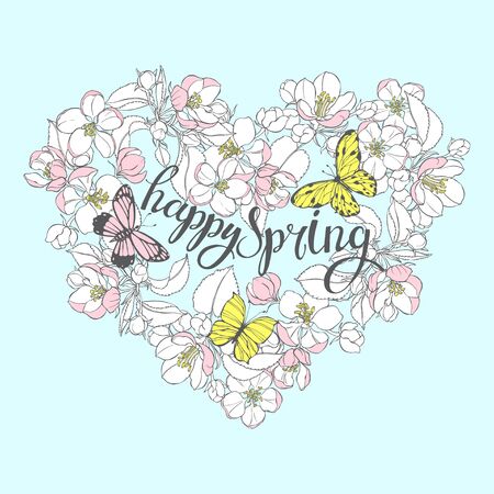 Happy spring. Flowering branches of apple trees. Vector. Nature background. Heart shaped composition.のイラスト素材