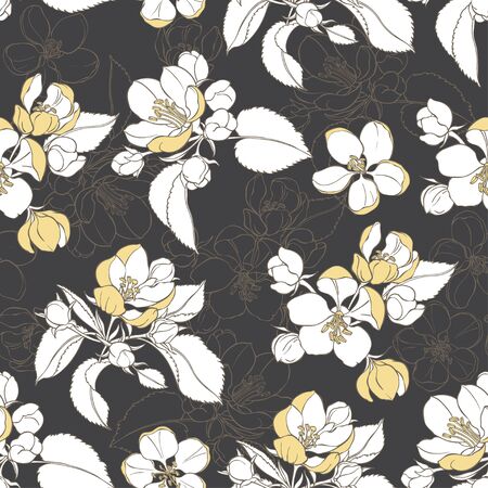 Flowering branches of apple trees. Vector.  Monochrome illustration. Nature background.のイラスト素材