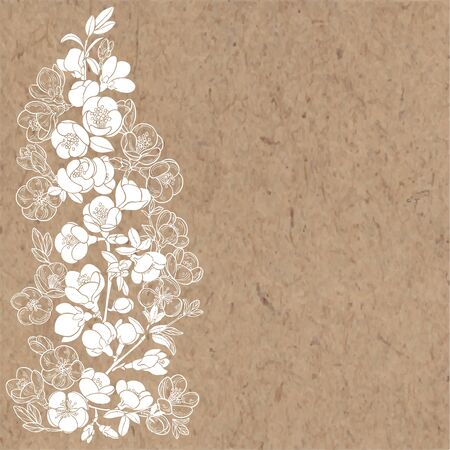 Flowering branches of quince trees on kraft paper. Vector. Nature background. Vertical composition.のイラスト素材
