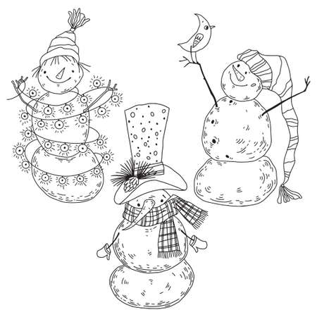 Snowmen. Contour illustration isolated on white. Vector. Three isolated characters for design.のイラスト素材