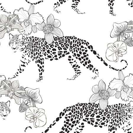 Leopards and orchids on white. Animal art background. Vector.のイラスト素材