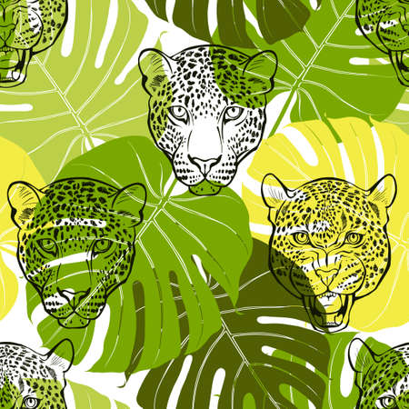 Leopard faces and palm leaves on white. Animal art background. Vector.のイラスト素材