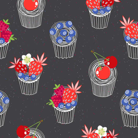 Food background with yummy cartoon muffins. Vector illustration on black.のイラスト素材