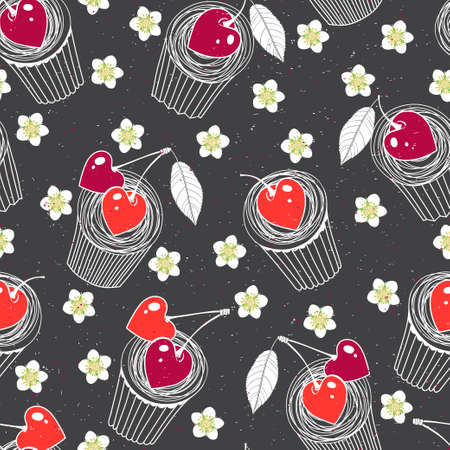 Food background with yummy cartoon muffins, flowers and heart-shaped berries. Vector illustration on black.のイラスト素材