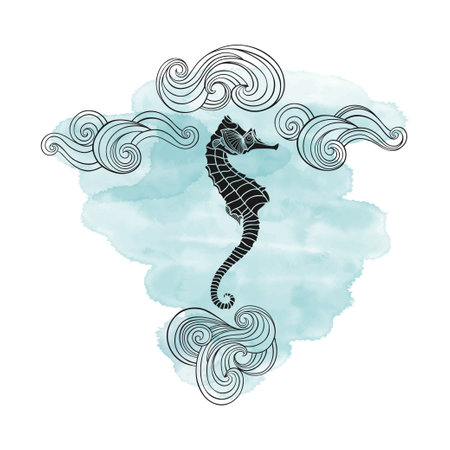 Underwater vector background with seahorse, waves and blue watercolor element.のイラスト素材