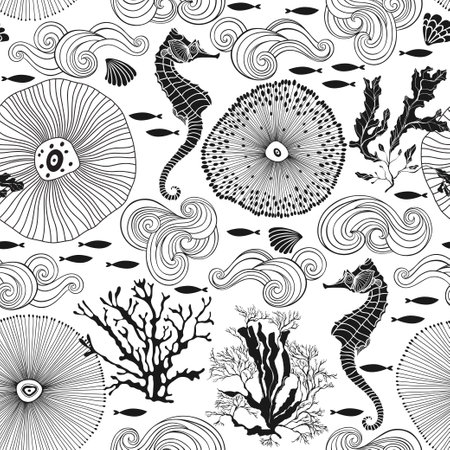 Endless background on the marine theme. Abstract vector illustration. Perfect for design templates, wallpaper, wrapping, fabric and textile.のイラスト素材