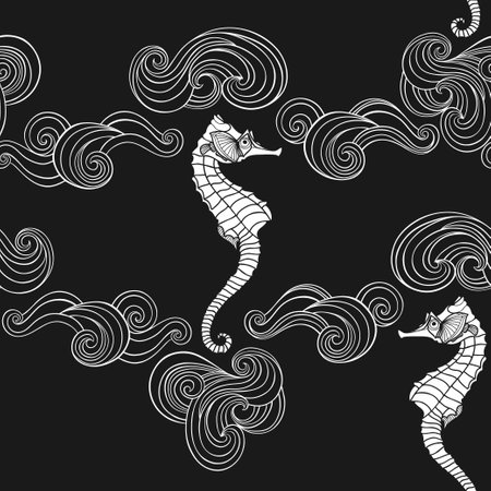 Seamless pattern on the marine theme with seahorses and waves. Vector. Perfect for design templates, wallpaper, wrapping, fabric and textile.のイラスト素材