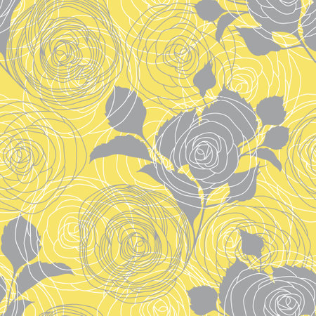 Rose flowers on yellow. Floral endless background. Hand-drawn spring vector illustration.のイラスト素材