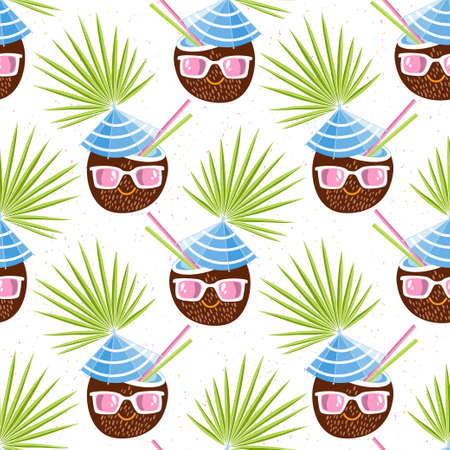 Seamless pattern with funny coconuts and palm leaves. Vector. Cartoon background.