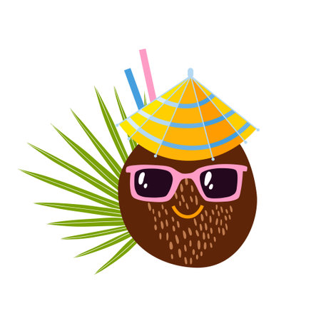 Cute cartoon coconut in sunglasses. Isolated vector character for design on white.