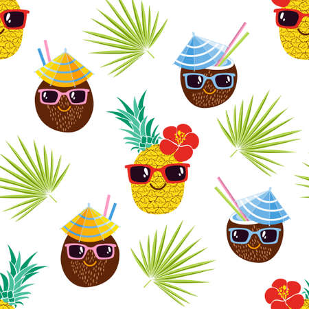 Seamless pattern with funny coconuts, pineapple and palm leaves. Vector. Cartoon background.