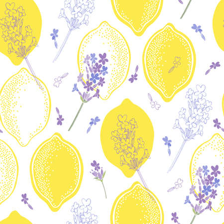Floral background with hand-drawn lavender flowers and lemons. Vector illustration.のイラスト素材