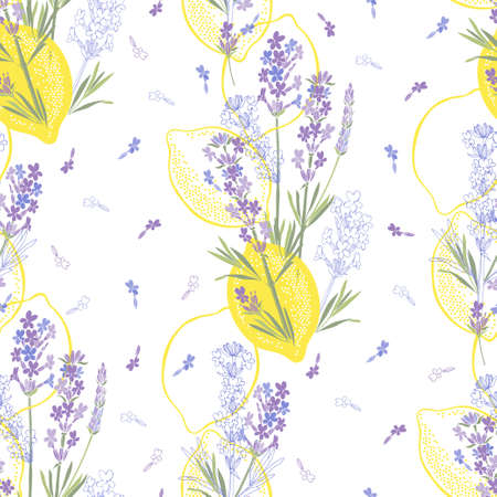 Lemons and lavender. Seamless vector pattern on white. Vector illustration.のイラスト素材