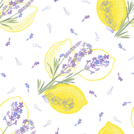 Lemons and lavender. Seamless vector pattern on white. Vector illustration.のイラスト素材