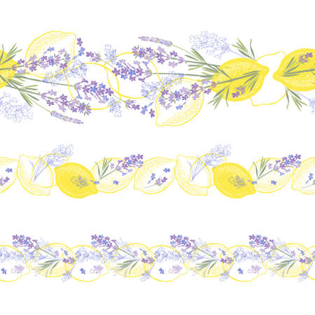 Lemons and lavender. Seamless vector borders on white. Vector illustration.のイラスト素材