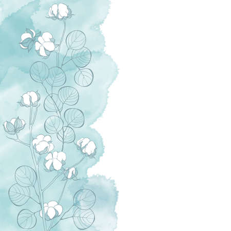 Christmas card with eucalyptus branch and cotton on blue watercolor background with place for text. Can be greeting card, invitation, design element.のイラスト素材