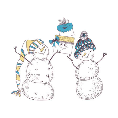 Holiday vector illustration with cartoon Snowmen with gift boxes on white. Perfect for invitations, postcards, cover design templates.のイラスト素材