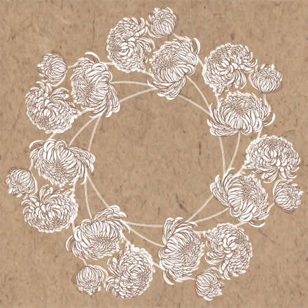 Round vector frame with blooming Chrysanthemum flowers on kraft paper. Illustration with place for text, can be used creating card, menu or invitation card.のイラスト素材