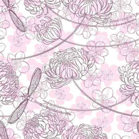 Nature background with chrysanthemum flowers, sakura and dragonflies. Hand-drawn vector illustration.のイラスト素材