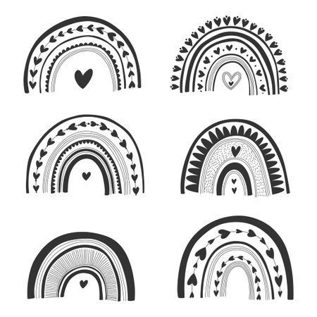 Vector hand drawn clipart for decoration with cute rainbows. Perfect for baby shower, birthday, children's party, wedding, valentines day, romantic message. Scandinavian style.のイラスト素材