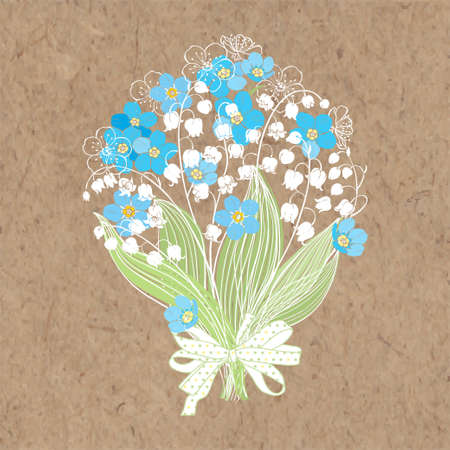 Floral vector illustration with lilies of the valley and forget-me-nots on kraft paper.のイラスト素材