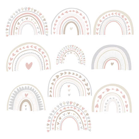 Vector hand drawn clipart for decoration with cute rainbows. Perfect for baby shower, birthday, children's party, wedding, valentines day, romantic message. Pastel color. Scandinavian style.のイラスト素材