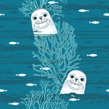 Animal cartoon background with cute fur seals, seaweed and little fishes. Cartoon sea background. Perfect for nursery, bathroom design.のイラスト素材