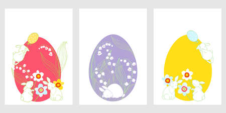 Easter illustrations.Pre-made design with cute bunnies, flowers and place for text. Vector layout...