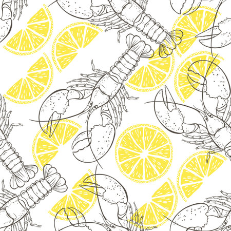 Lobsters and lemon slices. Seamless pattern on white. Vector. monochrome. Perfect for design templates, wallpaper, wrapping, fabric and textile.のイラスト素材