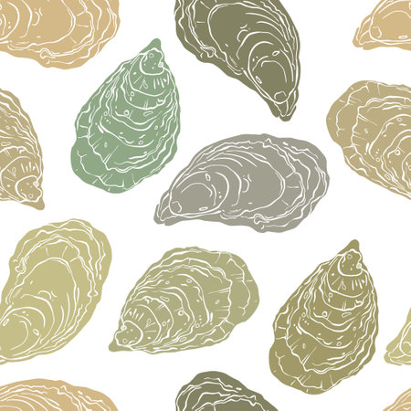 Oysters seamless pattern on white. Vector. Perfect for design templates, wallpaper, wrapping, fabric and textile.のイラスト素材