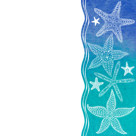 Vector illustration with starfish and place for text on watercolor. Invitation, greeting card.のイラスト素材